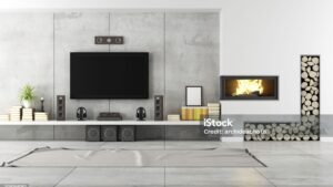 Modern living room with TV and fireplace - rendering